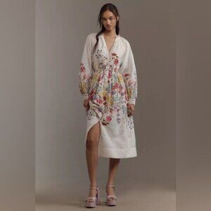 NWT Size M - Let Me Be Long-Sleeve V-Neck Floral A-Line Midi Dress